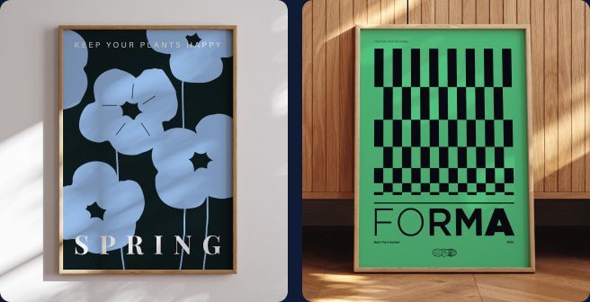 Inspirerande affischer med grafisk design och blommönster för personlig utformning.